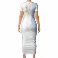 Hawaiian Tribal Tattoo and Plumeria Short Sleeve Bodycon Dress Polynesian Pattern Sweet