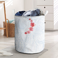Hawaiian Tribal Tattoo and Hibiscus Laundry Basket Polynesian Pattern Airy White Blue Cloud