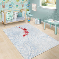 Hawaiian Tribal Tattoo and Hibiscus Area Rug Polynesian Pattern Airy White Blue Cloud
