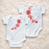 Hawaiian Tribal Tattoo and Hibiscus Baby Onesie Polynesian Pattern Airy White Blue Cloud
