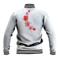 Hawaiian Tribal Tattoo and Hibiscus Baseball Jacket Polynesian Pattern Airy White Blue Cloud