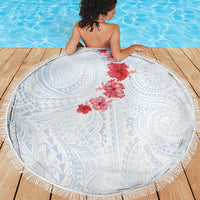 Hawaiian Tribal Tattoo and Hibiscus Beach Blanket Polynesian Pattern Airy White Blue Cloud