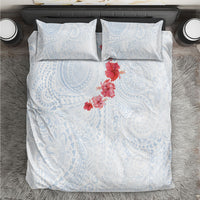 Hawaiian Tribal Tattoo and Hibiscus Bedding Set Polynesian Pattern Airy White Blue Cloud