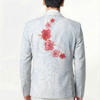 Hawaiian Tribal Tattoo and Hibiscus Blazer Polynesian Pattern Airy White Blue Cloud
