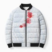 Hawaiian Tribal Tattoo and Hibiscus Bomber Puffer Jacket Polynesian Pattern Airy White Blue Cloud