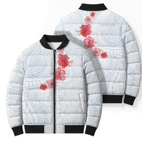 Hawaiian Tribal Tattoo and Hibiscus Bomber Puffer Jacket Polynesian Pattern Airy White Blue Cloud