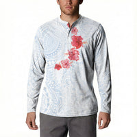 Hawaiian Tribal Tattoo and Hibiscus Button Sweatshirt Polynesian Pattern Airy White Blue Cloud