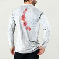 Hawaiian Tribal Tattoo and Hibiscus Button Sweatshirt Polynesian Pattern Airy White Blue Cloud
