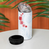 Hawaiian Tribal Tattoo and Hibiscus 4 in 1 Can Cooler Tumbler Polynesian Pattern Airy White Blue Cloud