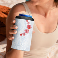 Hawaiian Tribal Tattoo and Hibiscus 4 in 1 Can Cooler Tumbler Polynesian Pattern Airy White Blue Cloud