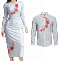 Hawaiian Tribal Tattoo and Hibiscus Couples Matching Long Sleeve Bodycon Dress and Long Sleeve Button Shirt Polynesian Pattern Airy White Blue Cloud