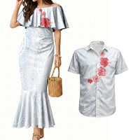 Hawaiian Tribal Tattoo and Hibiscus Couples Matching Mermaid Dress and Hawaiian Shirt Polynesian Pattern Airy White Blue Cloud