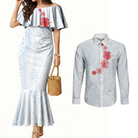 Hawaiian Tribal Tattoo and Hibiscus Couples Matching Mermaid Dress and Long Sleeve Button Shirt Polynesian Pattern Airy White Blue Cloud