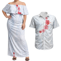 Hawaiian Tribal Tattoo and Hibiscus Couples Matching Off Shoulder Maxi Dress and Hawaiian Shirt Polynesian Pattern Airy White Blue Cloud