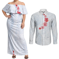 Hawaiian Tribal Tattoo and Hibiscus Couples Matching Off Shoulder Maxi Dress and Long Sleeve Button Shirt Polynesian Pattern Airy White Blue Cloud