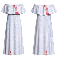 Hawaiian Tribal Tattoo and Hibiscus Couples Matching Off Shoulder Maxi Dress and Long Sleeve Button Shirt Polynesian Pattern Airy White Blue Cloud