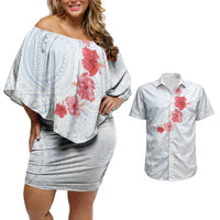 Hawaiian Tribal Tattoo and Hibiscus Couples Matching Off Shoulder Short Dress and Hawaiian Shirt Polynesian Pattern Airy White Blue Cloud
