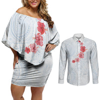 Hawaiian Tribal Tattoo and Hibiscus Couples Matching Off Shoulder Short Dress and Long Sleeve Button Shirt Polynesian Pattern Airy White Blue Cloud