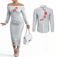 Hawaiian Tribal Tattoo and Hibiscus Couples Matching Off The Shoulder Long Sleeve Dress and Long Sleeve Button Shirt Polynesian Pattern Airy White Blue Cloud