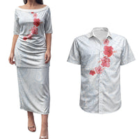 Hawaiian Tribal Tattoo and Hibiscus Couples Matching Puletasi and Hawaiian Shirt Polynesian Pattern Airy White Blue Cloud