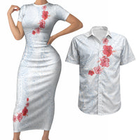 Hawaiian Tribal Tattoo and Hibiscus Couples Matching Short Sleeve Bodycon Dress and Hawaiian Shirt Polynesian Pattern Airy White Blue Cloud