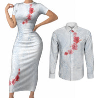 Hawaiian Tribal Tattoo and Hibiscus Couples Matching Short Sleeve Bodycon Dress and Long Sleeve Button Shirt Polynesian Pattern Airy White Blue Cloud