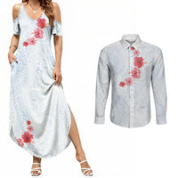 Hawaiian Tribal Tattoo and Hibiscus Couples Matching Summer Maxi Dress and Long Sleeve Button Shirt Polynesian Pattern Airy White Blue Cloud