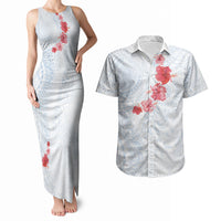 Hawaiian Tribal Tattoo and Hibiscus Couples Matching Tank Maxi Dress and Hawaiian Shirt Polynesian Pattern Airy White Blue Cloud
