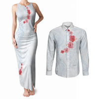 Hawaiian Tribal Tattoo and Hibiscus Couples Matching Tank Maxi Dress and Long Sleeve Button Shirt Polynesian Pattern Airy White Blue Cloud
