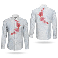 Hawaiian Tribal Tattoo and Hibiscus Couples Matching Tank Maxi Dress and Long Sleeve Button Shirt Polynesian Pattern Airy White Blue Cloud
