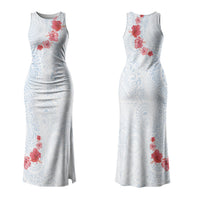 Hawaiian Tribal Tattoo and Hibiscus Couples Matching Tank Maxi Dress and Long Sleeve Button Shirt Polynesian Pattern Airy White Blue Cloud
