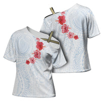 Hawaiian Tribal Tattoo and Hibiscus Cross Shoulder Shirt Polynesian Pattern Airy White Blue Cloud