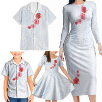 Hawaiian Tribal Tattoo and Hibiscus Family Matching Long Sleeve Bodycon Dress and Hawaiian Shirt Polynesian Pattern Airy White Blue Cloud