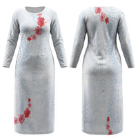 Hawaiian Tribal Tattoo and Hibiscus Family Matching Long Sleeve Bodycon Dress and Hawaiian Shirt Polynesian Pattern Airy White Blue Cloud