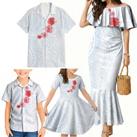 Hawaiian Tribal Tattoo and Hibiscus Family Matching Mermaid Dress and Hawaiian Shirt Polynesian Pattern Airy White Blue Cloud