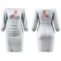 Hawaiian Tribal Tattoo and Hibiscus Family Matching Off The Shoulder Long Sleeve Dress and Hawaiian Shirt Polynesian Pattern Airy White Blue Cloud
