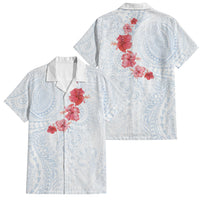 Hawaiian Tribal Tattoo and Hibiscus Family Matching Off The Shoulder Long Sleeve Dress and Hawaiian Shirt Polynesian Pattern Airy White Blue Cloud