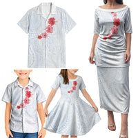 Hawaiian Tribal Tattoo and Hibiscus Family Matching Puletasi and Hawaiian Shirt Polynesian Pattern Airy White Blue Cloud