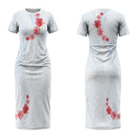 Hawaiian Tribal Tattoo and Hibiscus Family Matching Short Sleeve Bodycon Dress and Hawaiian Shirt Polynesian Pattern Airy White Blue Cloud