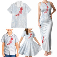 Hawaiian Tribal Tattoo and Hibiscus Family Matching Tank Maxi Dress and Hawaiian Shirt Polynesian Pattern Airy White Blue Cloud