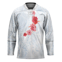 Hawaiian Tribal Tattoo and Hibiscus Hockey Jersey Polynesian Pattern Airy White Blue Cloud