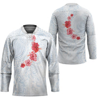 Hawaiian Tribal Tattoo and Hibiscus Hockey Jersey Polynesian Pattern Airy White Blue Cloud