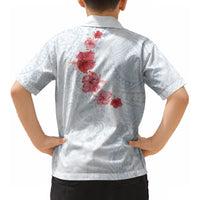 Hawaiian Tribal Tattoo and Hibiscus Kid Hawaiian Shirt Polynesian Pattern Airy White Blue Cloud