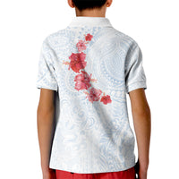 Hawaiian Tribal Tattoo and Hibiscus Kid Polo Shirt Polynesian Pattern Airy White Blue Cloud