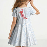 Hawaiian Tribal Tattoo and Hibiscus Kid Short Sleeve Dress Polynesian Pattern Airy White Blue Cloud
