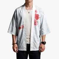Hawaiian Tribal Tattoo and Hibiscus Kimono Polynesian Pattern Airy White Blue Cloud