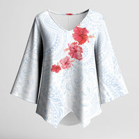 Hawaiian Tribal Tattoo and Hibiscus Kimono Sleeve Blouse Polynesian Pattern Airy White Blue Cloud