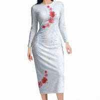 Hawaiian Tribal Tattoo and Hibiscus Long Sleeve Bodycon Dress Polynesian Pattern Airy White Blue Cloud