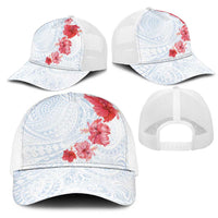Hawaiian Tribal Tattoo and Hibiscus Mesh Trucker Cap Polynesian Pattern Airy White Blue Cloud