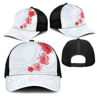 Hawaiian Tribal Tattoo and Hibiscus Mesh Trucker Cap Polynesian Pattern Airy White Blue Cloud